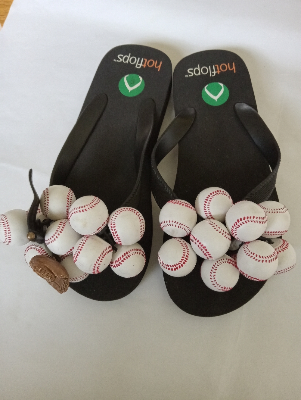 Hotflops Black Flip Flops with Baseball Charm Beads